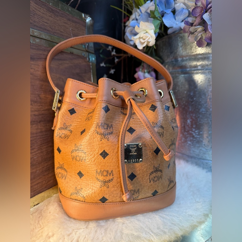 MCM Cognac Visetos Leather Drawstring Bucket Shoulder Bag